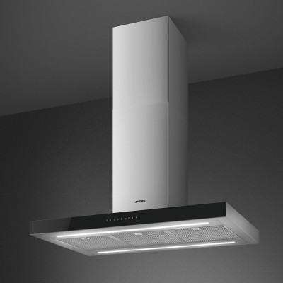 Smeg KBTI9L4VN  Campana de isla 90 cm acero inoxidable + cristal negro