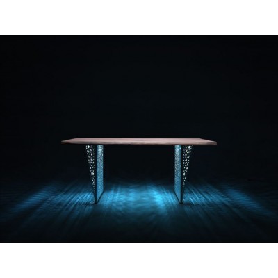 Conarte   mesa moderna patas hierro calado madera roble + led