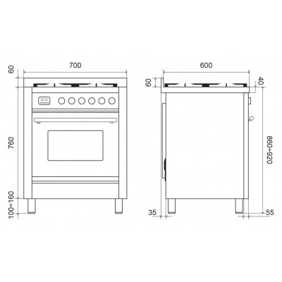 Ilve p07w Professional Plus cocina a gas sobre encimera 70 cm acero inoxidable