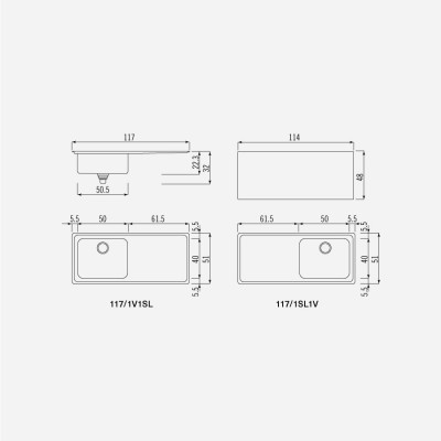 Alpes inox 117/1v1sl  Built-in sink tub + slide 117 cm for base 70 cm