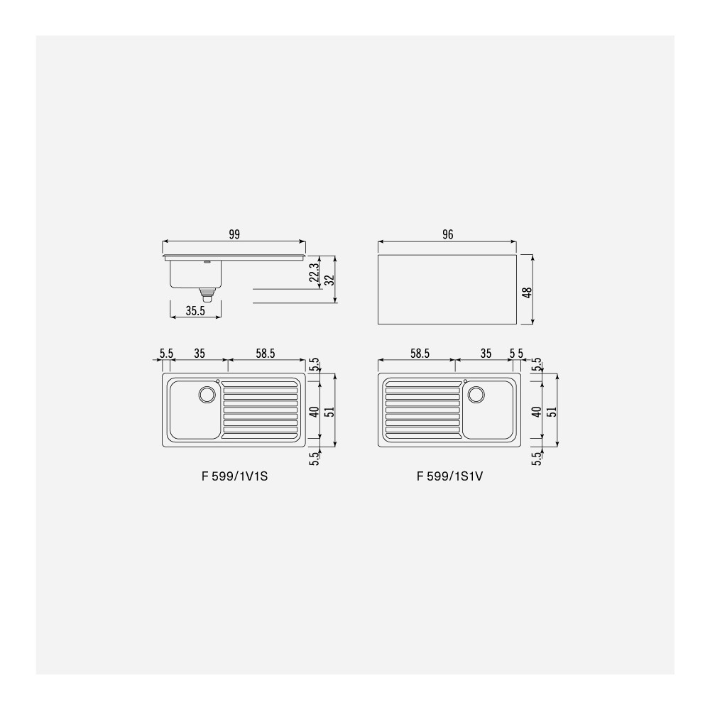 Alpes inox f 599/1s1v lavello vasca + gocciolatoio 100 cm per base da 60 cm