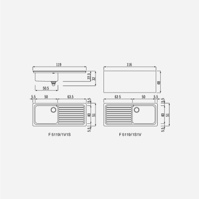 Alpes inox f 5119/1s1v  Waschbecken + 110 cm integrierte Abtropffläche für 60 cm Sockel