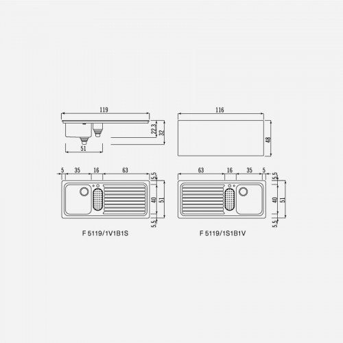 Alpes inox f 5119/1v1s lavello + gocciolatoio incasso 110 cm per base a 60  cm