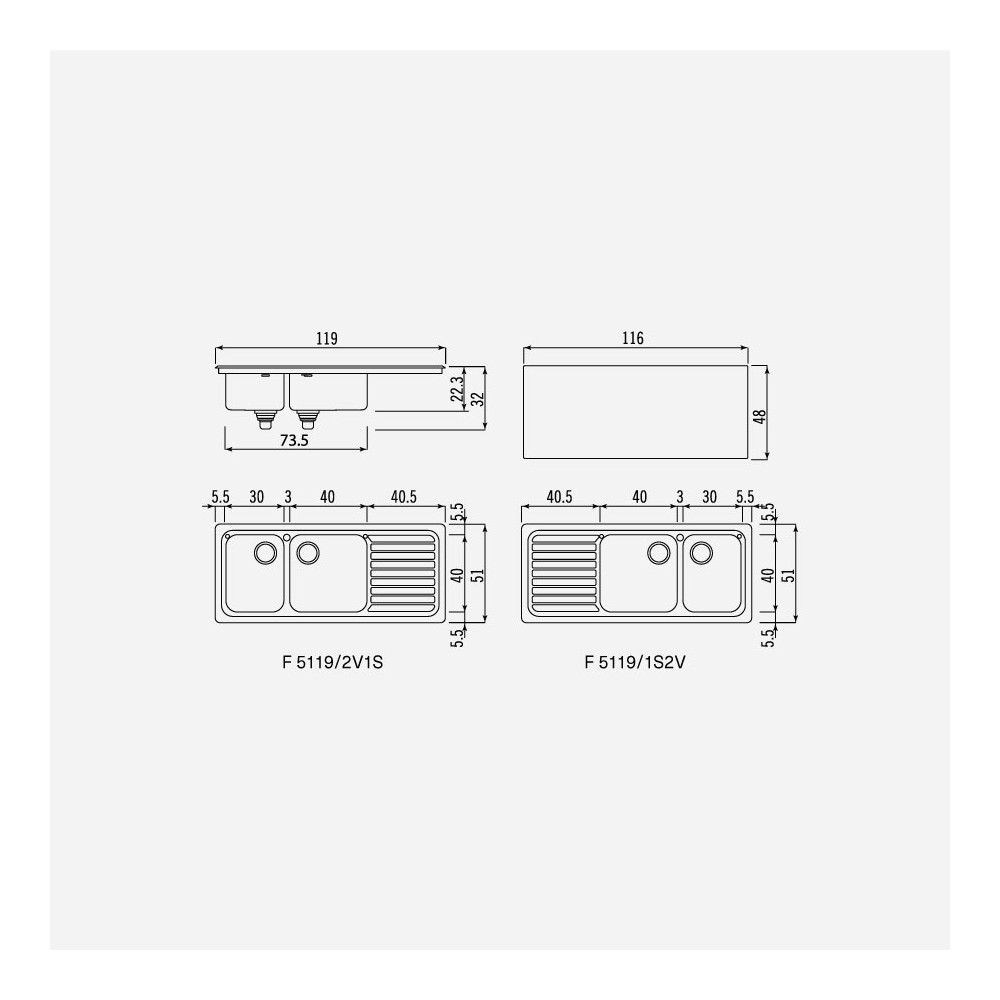 Alpes inox f 5119/2v1s Double bowl sink + built-in drainer 120 cm