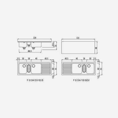 Alpes inox f 5134/1s1b2v  Double bowl sink + built-in drainer 135 cm