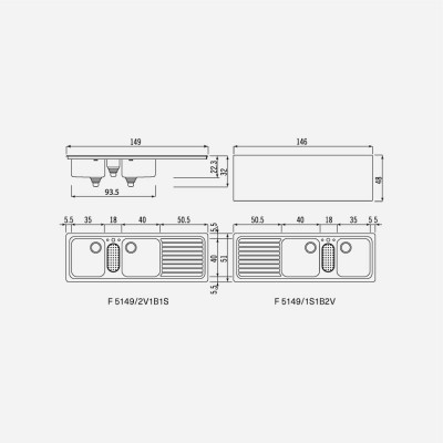 Alpes inox f 5149/1s1b2v lavello doppia vasca + gocciolatoio incasso 150 cm