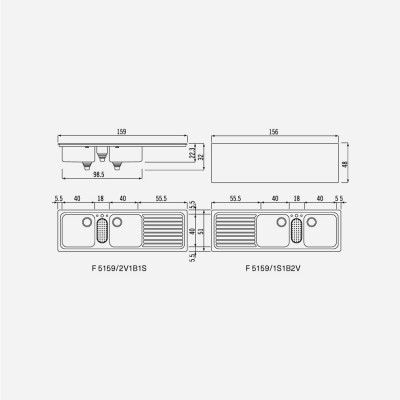 Alpes inox f 5159/2v1b1s lavello doppia vasca + gocciolatoio incasso 160 cm