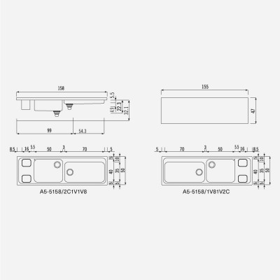 Alpes inox a5-5158/1v81v2c lavello appoggio doppia vasca 160 cm