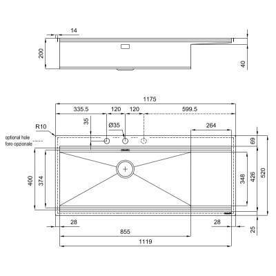 Foster 1043 052 Milanello sink + flush-mount stainless steel drainer 118 cm
