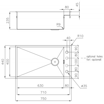 Foster 1237 050 Quadra Fregadero de 1 seno de acero inoxidable, empotrado, 75 cm