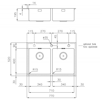 Foster 2279 050 fregadero doble 77 cm acero inoxidable