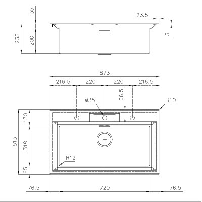 Foster 2977 060 Fl flush-mount single-bowl sink 87 cm stainless steel