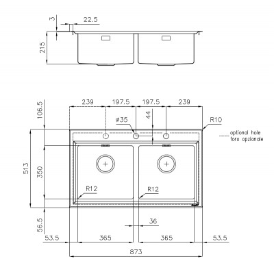 Foster 4502 050 Stripe fregadero semiempotrado de dos senos 87 acero inoxidable