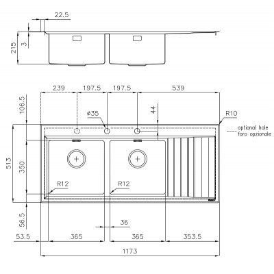Foster 4503 052 Stripe lavello doppia vasca + gocciolatoio semifilo 117 cm inox