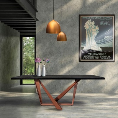 table artisanale piètement cuivre bois massif noir
