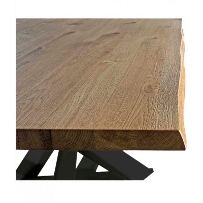 mesa artesanal madera de roble marrón con base de metal gris