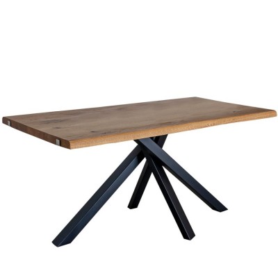 mesa artesanal madera maciza con patas cruzadas de metal