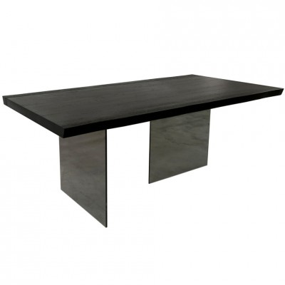 Classe  table artisanale bois noir + pieds en verre fumé