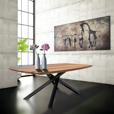 table en bois de tonneau massif avec pieds en métal noir 200 / 180 x 100 cm