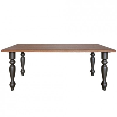 mesa artesanal de madera con patas torneadas lacadas efecto metal