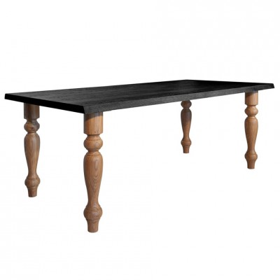 table artisanale en bois massif noir avec pieds tournés en chêne naturel