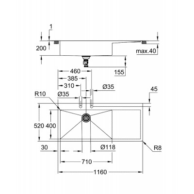 Grohe 31581sd1 K1000 Fregadero izquierdo de 1 seno + escurridor de acero inoxidable 116 cm