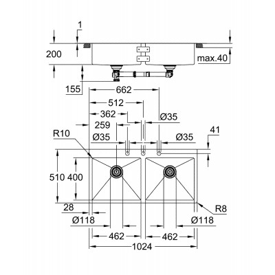 Grohe 31585sd1 K800 Évier double cuve 102 cm acier inoxydable