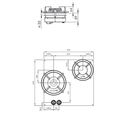 Pitt Cooking Baluran Top side pair of single burners integrated into the original hob