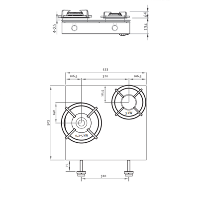 Pitt Cooking Baluran front side pair of single burners integrated into the professional hob