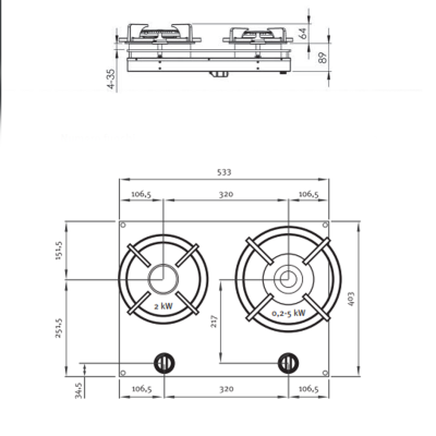 Pitt Cooking Bely top side pair of burners integrated into the professional hob