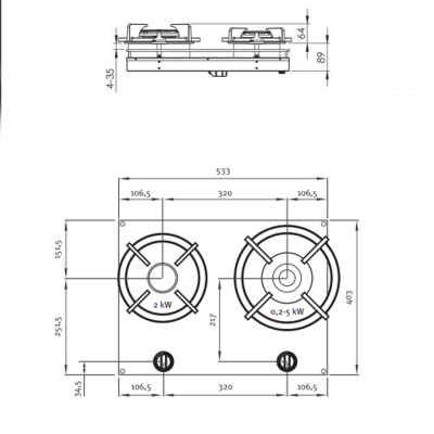 Pitt Cooking Bely top side pair of burners integrated into the original hob