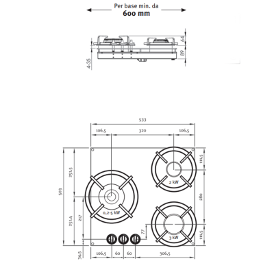 Pitt Cooking Cima top side three burners integrated into the black edition hob