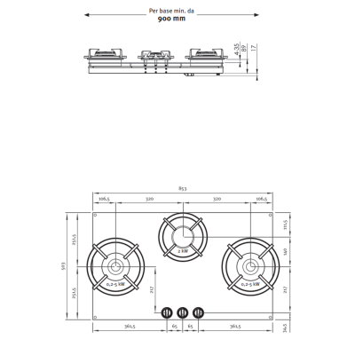 Pitt Cooking Colo top side three burners integrated into the professional hob