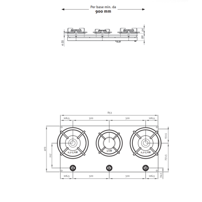 Pitt Cooking Cusin top side three burners integrated into the professional hob