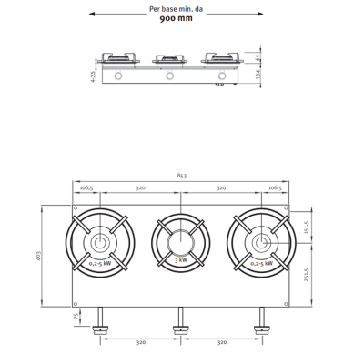 Pitt Cooking Cusin front side three burners integrated into the professional hob