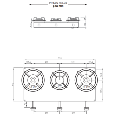 Pitt Cooking Cusin front side tre bruciatori integrati nel piano professional