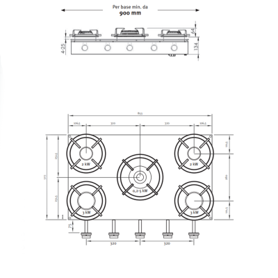 Pitt Cooking Elbrus front side five burners integrated into the hob black edition