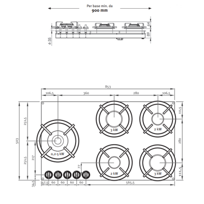 Pitt Cooking Enep top side five burners integrated into the black edition hob