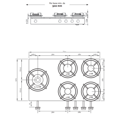 Pitt Cooking Enep front side five burners integrated into the professional hob