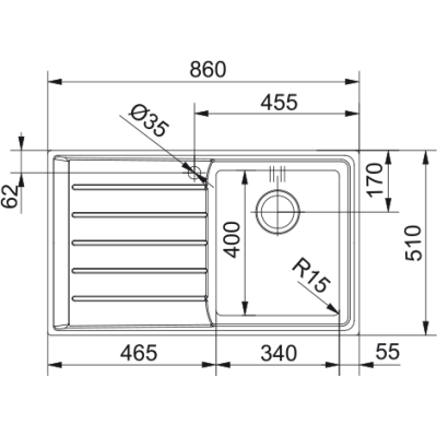 Franke Neptune Plus npx 611 single bowl sink + left drainer 86 cm satin stainless steel