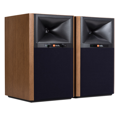 Jbl 4305p studio monitor amplified Hi-Fi speakers on wooden stand - blue