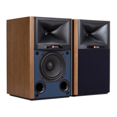 Jbl 4305p studio monitor amplified Hi-Fi speakers on wooden stand - blue