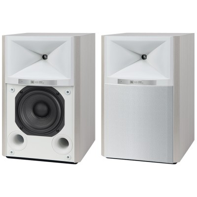 Jbl 4305p studio monitor amplified Hi-Fi speakers on wooden stand - white