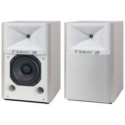 Jbl 4305p Studiomonitor, verstärkte Hi-Fi-Lautsprecher auf Holzständer – weiß