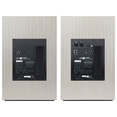 Monitory studyjne JBL 4329p, drewniane stojaki, głośniki przednie, białe
