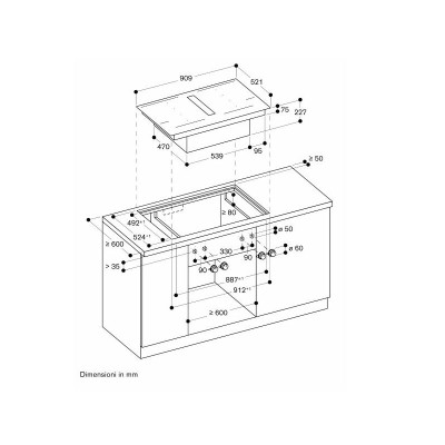 Plaque à induction Gaggenau cv492105 avec hotte intégrée 90 cm + boutons inox