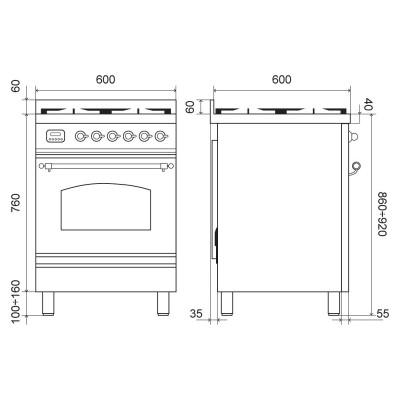 Ilve p06n Gas-Arbeitsplatte Küche + Dunstabzugshaube 60 cm Graphit – Kupfer