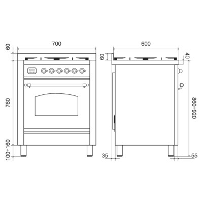 Ilve p07n Gas-Arbeitsplattenküche + Dunstabzugshaube 70 cm Graphit – Kupfer