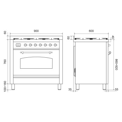 Ilve p09n Gas-Arbeitsplattenküche + Dunstabzugshaube 90 cm Graphit – Kupfer