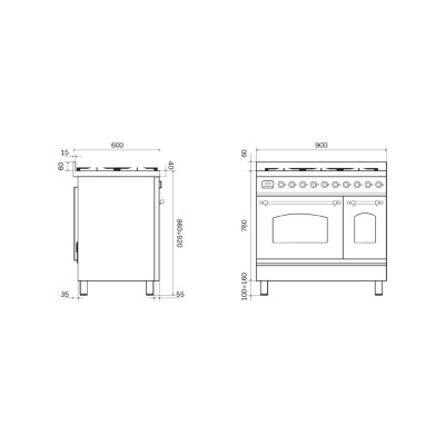 Ilve PD09N Induktions-Arbeitsplatte + Dunstabzugshaube 90 cm Graphit – Kupfer